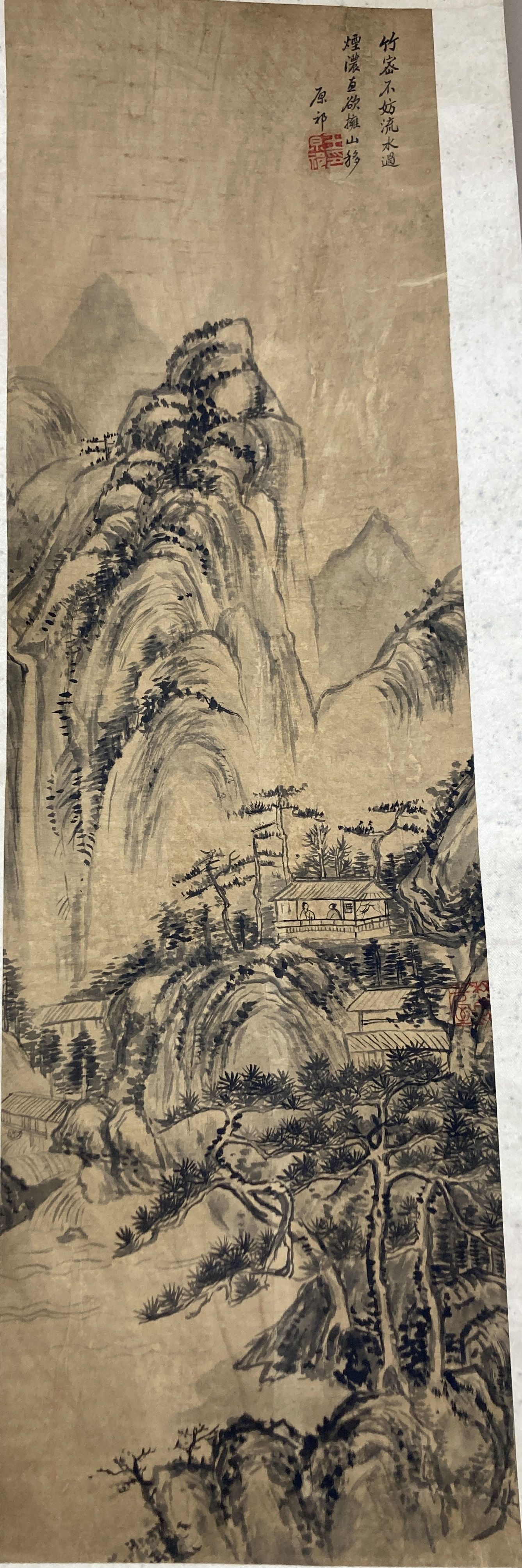 Chinese School, watercolour scroll painting, Mountainous landscape, 91 x 27cm